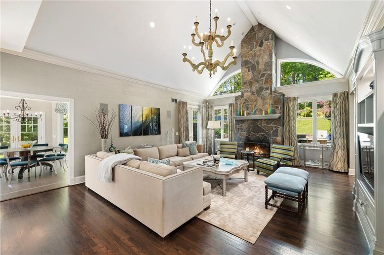 Chandelier, Dining room, Fireplace, Interior, Living room, Recessed Lighting, Wood Texture Flooring