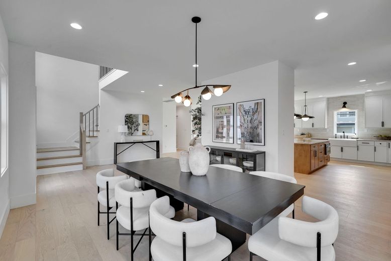 Dining room, Interior, Kitchen, Pendant Lights, Recessed Lighting, Wood Texture Flooring