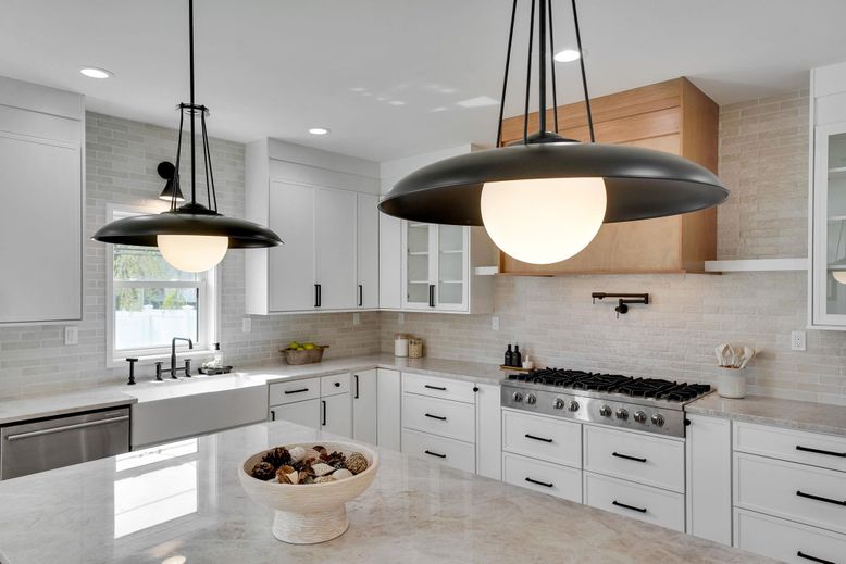Interior, Kitchen, Pendant Lights, Recessed Lighting, Stainless Steel Appliances, Stone Walls