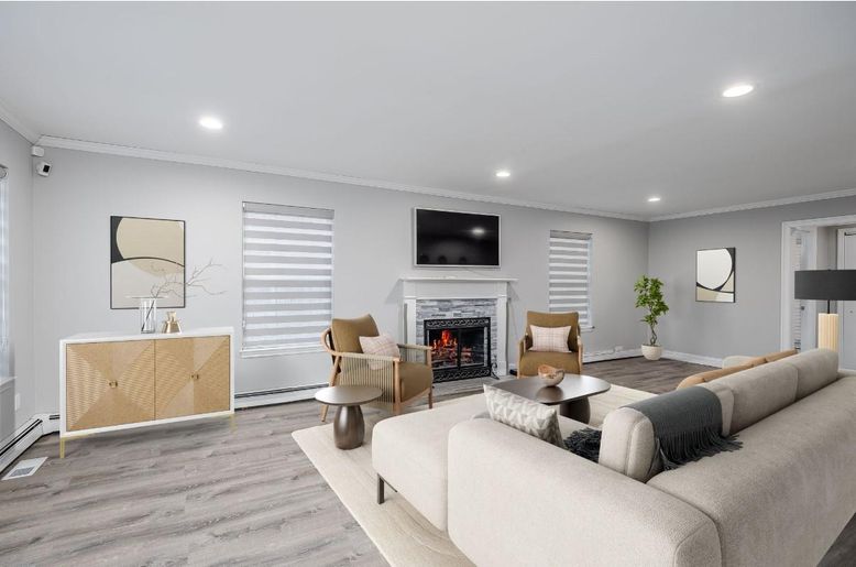 Fireplace, Interior, Living room, Recessed Lighting, Wood Texture Flooring