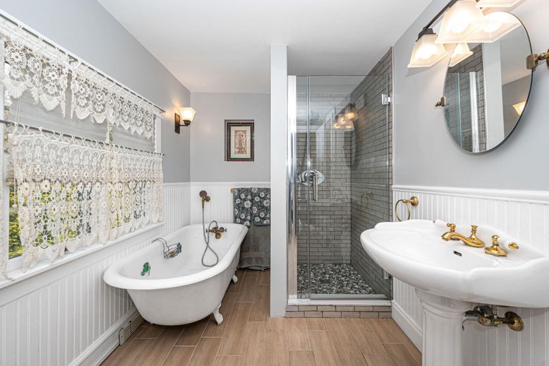Bathroom, Free Standing Baths, Glass Shower, Interior, Wood Texture Flooring