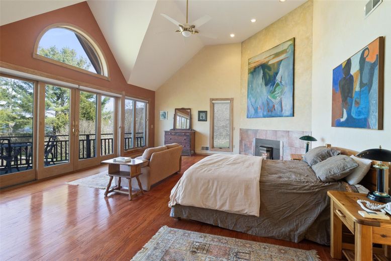 Bedroom, Fireplace, Interior, Recessed Lighting, Wood Texture Flooring