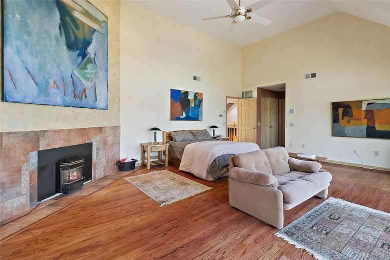 Bedroom, Fireplace, Interior, Wood Texture Flooring