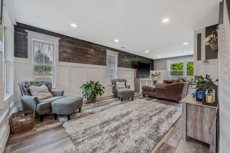 Interior, Living room, Recessed Lighting, Wood Texture Flooring, Wooden Walls
