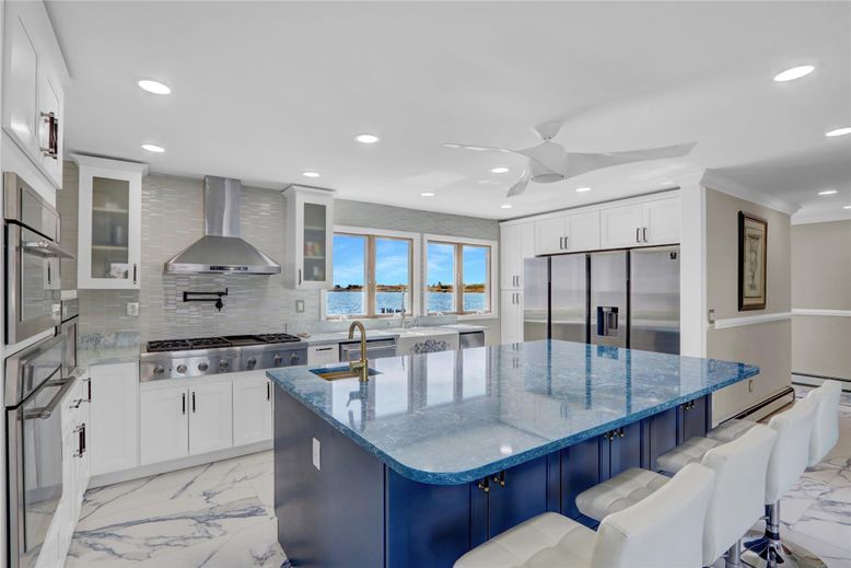 Interior, Kitchen, Marble, Recessed Lighting, Stainless Steel Appliances, Water