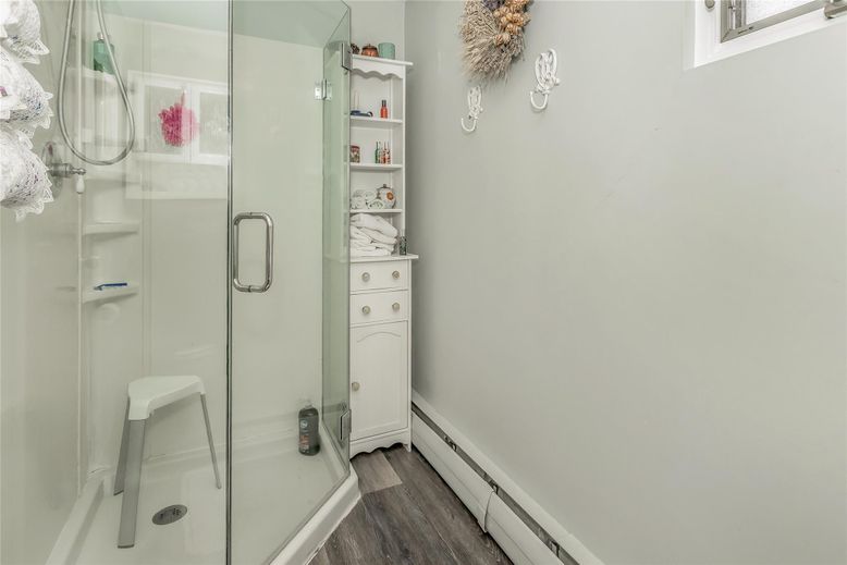 Bathroom, Glass Shower, Interior, Wood Texture Flooring