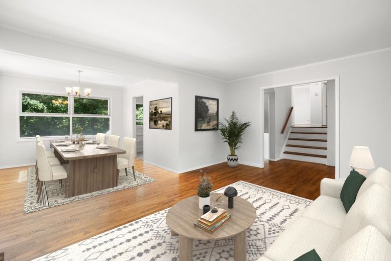 Dining room, Interior, Living room, Pendant Lights, Wood Texture Flooring