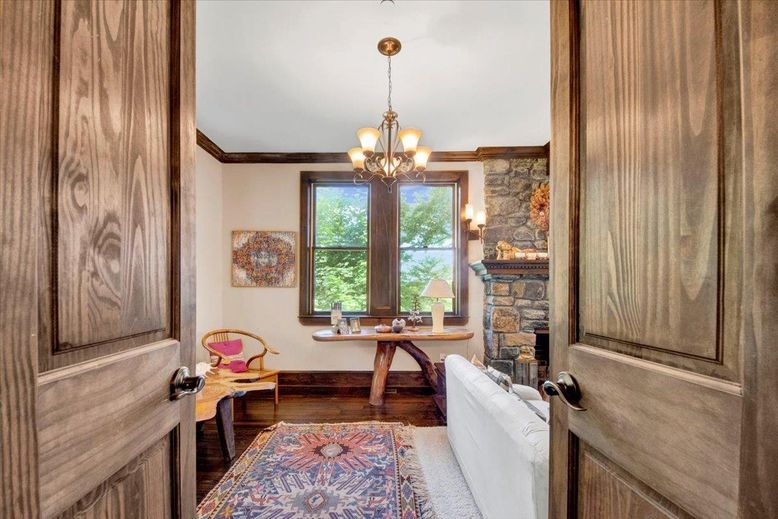 Chandelier, Fireplace, Home Office, Interior, Stone Walls, Wood Texture Flooring