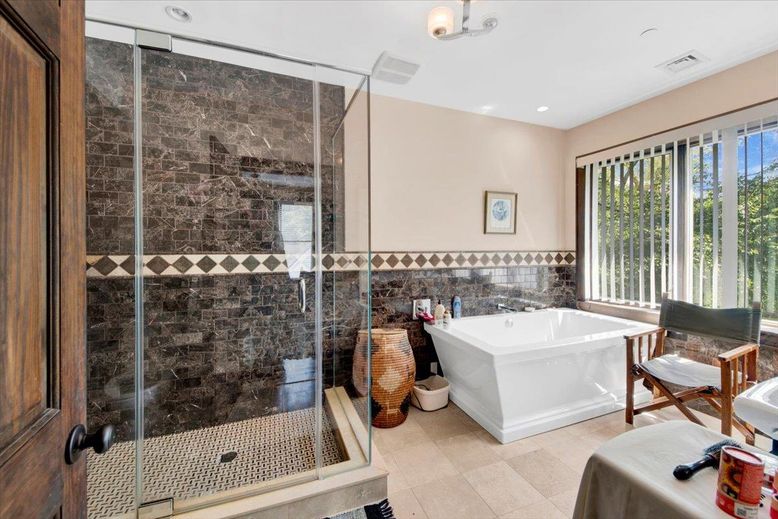 Bathroom, Free Standing Baths, Glass Shower, Interior, Recessed Lighting