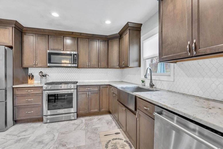 Interior, Kitchen, Marble, Recessed Lighting, Stainless Steel Appliances