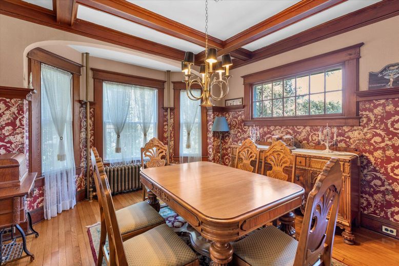 Chandelier, Dining room, Interior, Wooden Beams, Wood Texture Flooring