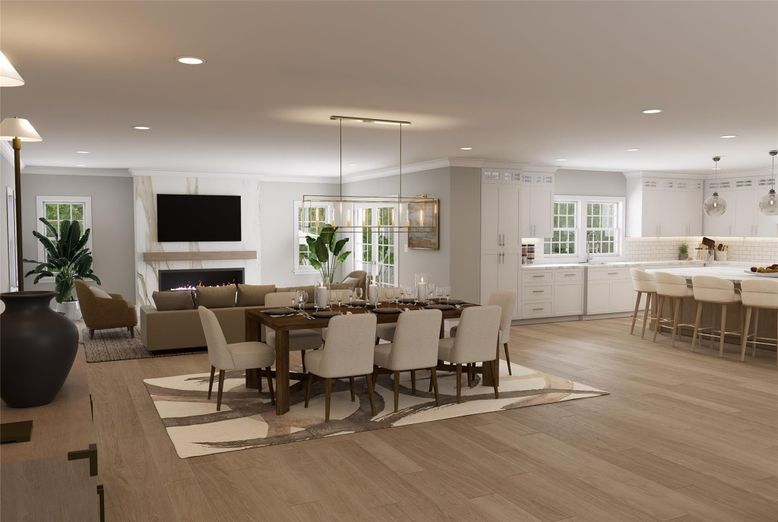 Dining room, Fireplace, Interior, Kitchen, Living room, Pendant Lights, Recessed Lighting, Wood Texture Flooring