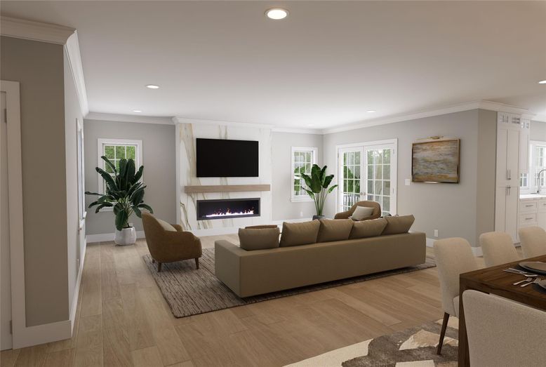 Fireplace, Interior, Living room, Recessed Lighting, Wood Texture Flooring