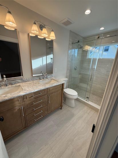 Bathroom, Dual Sink Vanities, Glass Shower, Interior, Recessed Lighting