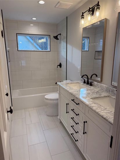 Bathroom, Dual Sink Vanities, Glass Shower, Interior, Marble, Recessed Lighting