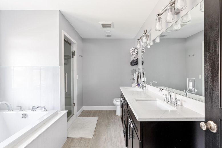 Bathroom, Dual Sink Vanities, Interior, Wood Texture Flooring