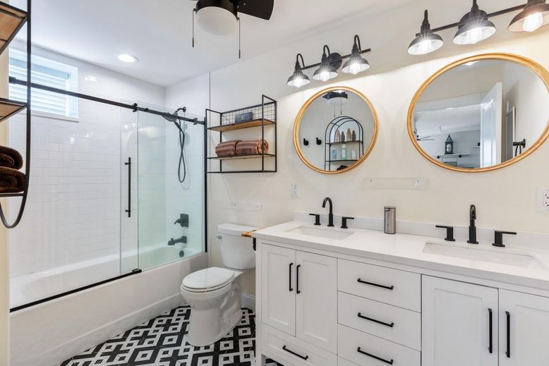 Bathroom, Dual Sink Vanities, Glass Shower, Interior, Recessed Lighting