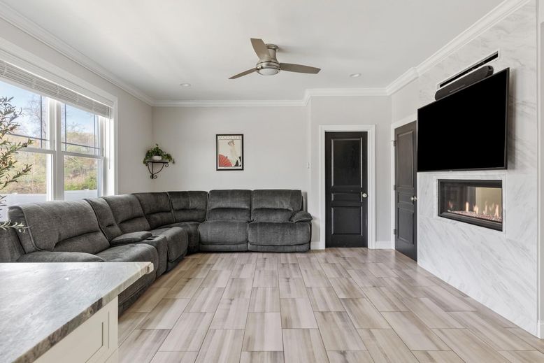 Fireplace, Interior, Living room, Recessed Lighting, Wood Texture Flooring