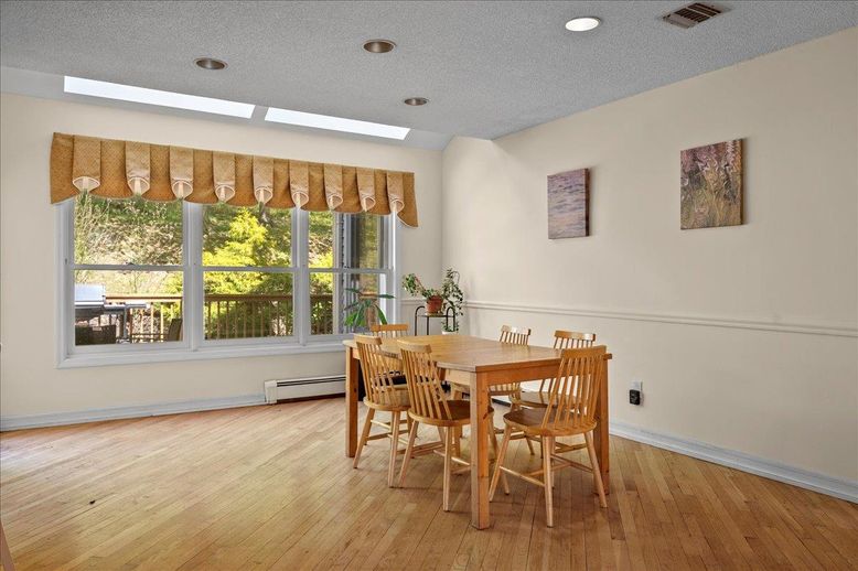 Dining room, Interior, Recessed Lighting, Wood Texture Flooring