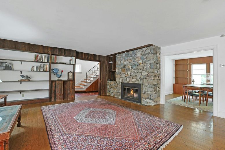 Dining room, Fireplace, Interior, Stone Walls, Wood Texture Flooring, Wooden Walls