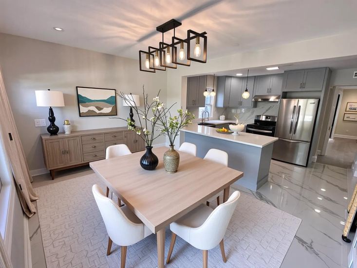 Dining room, Interior, Kitchen, Marble, Pendant Lights, Recessed Lighting, Stainless Steel Appliances