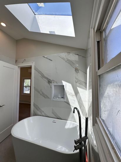 Bathroom, Free Standing Baths, Interior, Marble Walls, Recessed Lighting