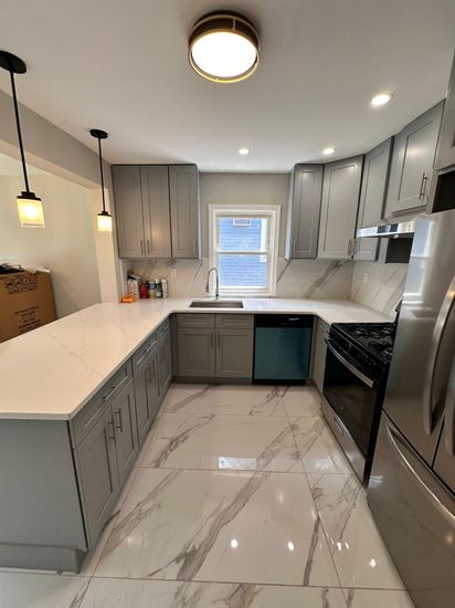 Interior, Kitchen, Marble, Pendant Lights, Recessed Lighting