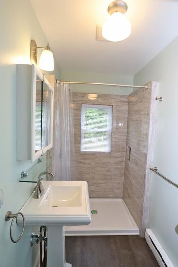 Bathroom, Glass Shower, Interior, Wood Texture Flooring