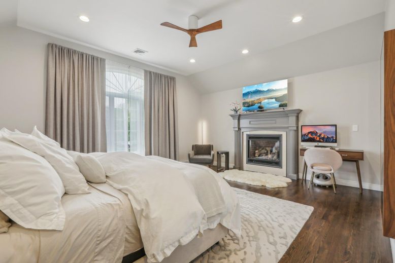 Bedroom, Fireplace, Interior, Recessed Lighting, Wood Texture Flooring