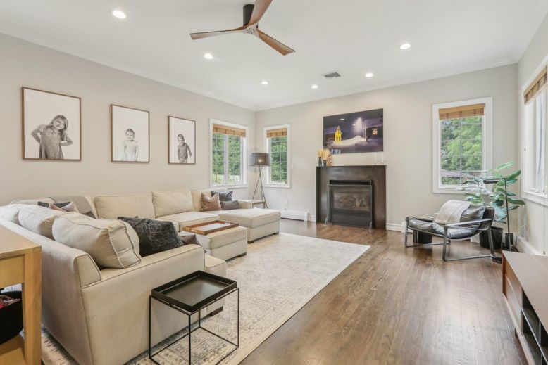 Fireplace, Interior, Living room, Recessed Lighting, Wood Texture Flooring