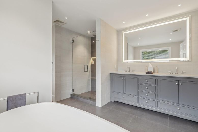 Bathroom, Dual Sink Vanities, Glass Shower, Interior, Recessed Lighting