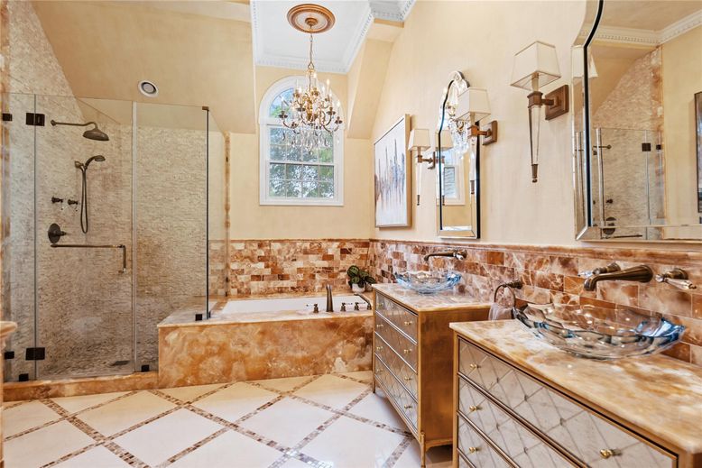 Bathroom, Chandelier, Dual Sink Vanities, Glass Shower, Interior