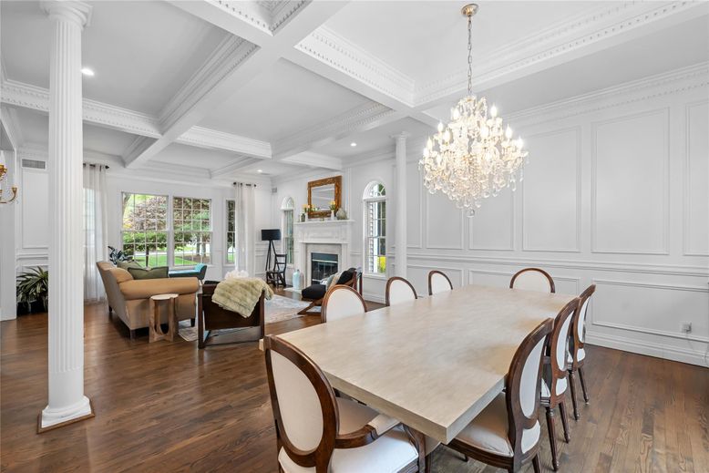 Chandelier, Dining room, Fireplace, Interior, Living room, Recessed Lighting, Wood Texture Flooring