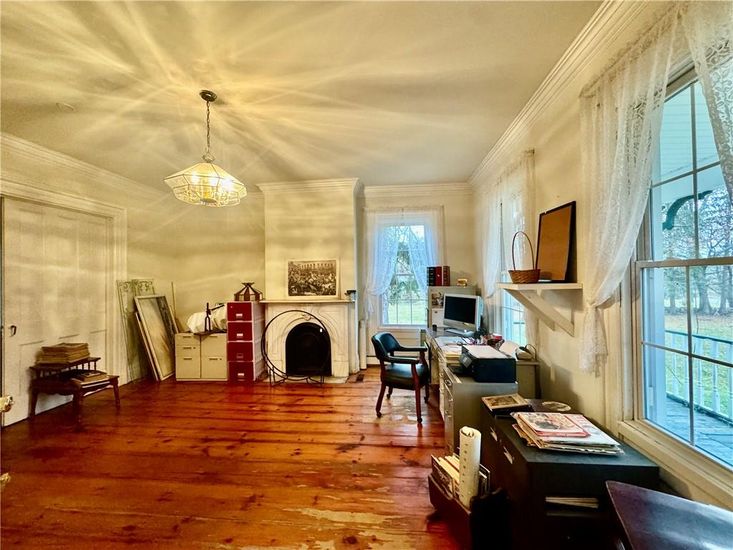 Fireplace, Home Office, Interior, Pendant Lights, Wood Texture Flooring