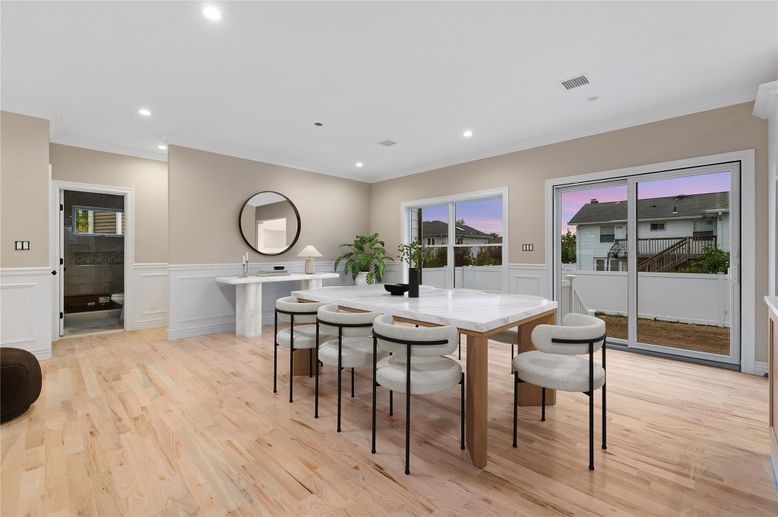 Dining room, Interior, Recessed Lighting, Wood Texture Flooring