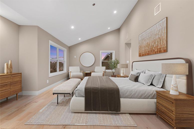 Bedroom, Interior, Recessed Lighting, Wood Texture Flooring