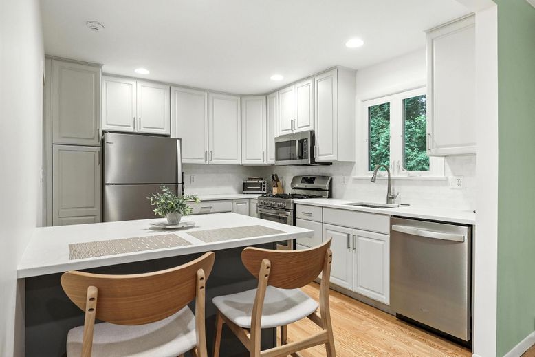 Interior, Kitchen, Recessed Lighting, Stainless Steel Appliances, Wood Texture Flooring