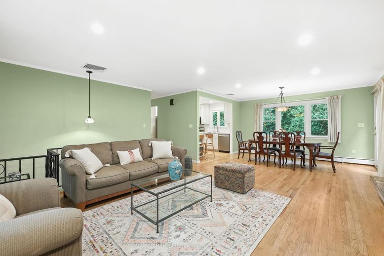 Dining room, Interior, Living room, Pendant Lights, Recessed Lighting, Wood Texture Flooring