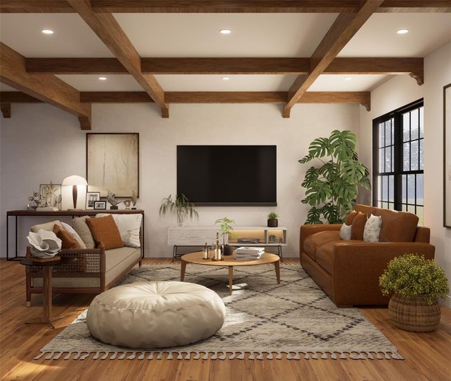 Interior, Living room, Recessed Lighting, Wooden Beams, Wood Texture Flooring