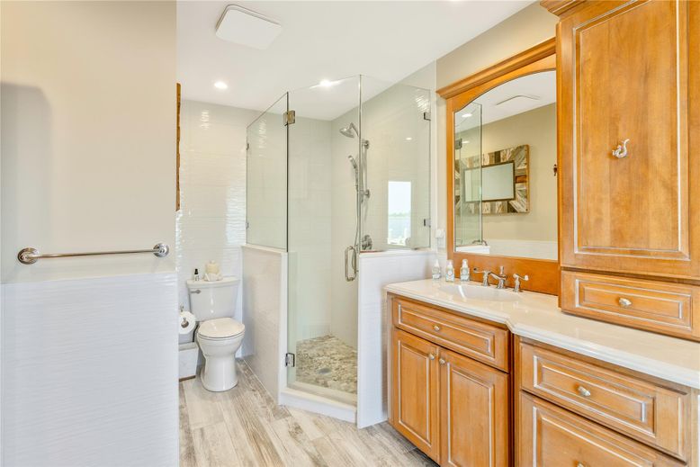 Bathroom, Glass Shower, Interior, Recessed Lighting, Wood Texture Flooring