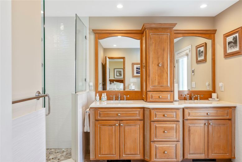 Bathroom, Dual Sink Vanities, Glass Shower, Interior, Recessed Lighting