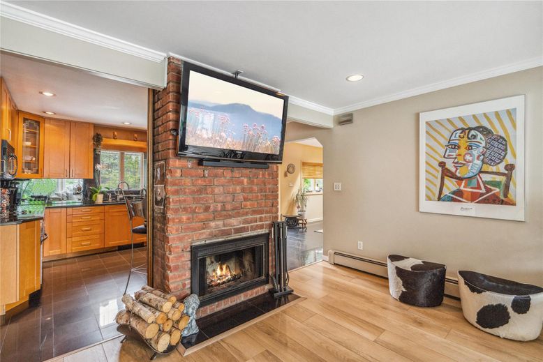 Fireplace, Interior, Recessed Lighting, Stone Walls, Wood Texture Flooring