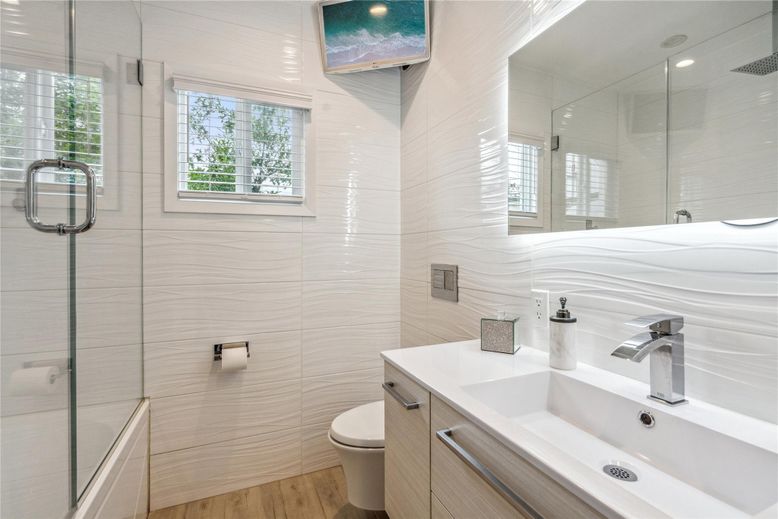 Bathroom, Glass Shower, Interior, Recessed Lighting, Wood Texture Flooring