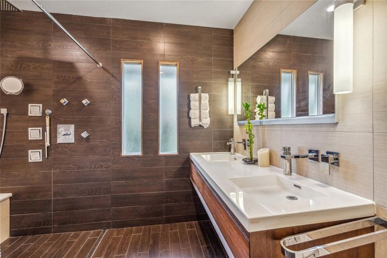 Bathroom, Dual Sink Vanities, Interior, Wood Texture Flooring, Wooden Walls