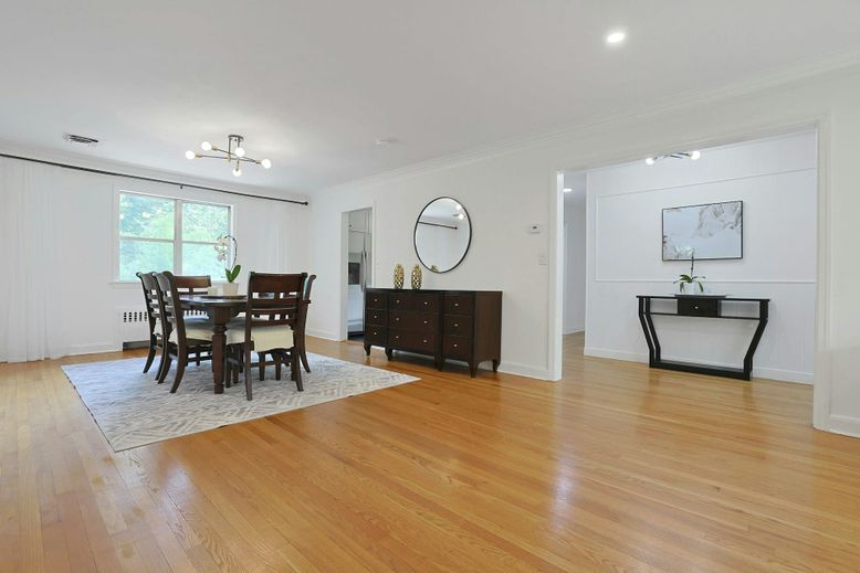 Dining room, Interior, Recessed Lighting, Wood Texture Flooring