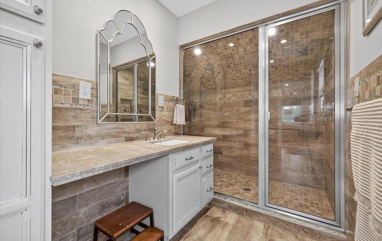 Bathroom, Glass Shower, Interior, Wood Texture Flooring