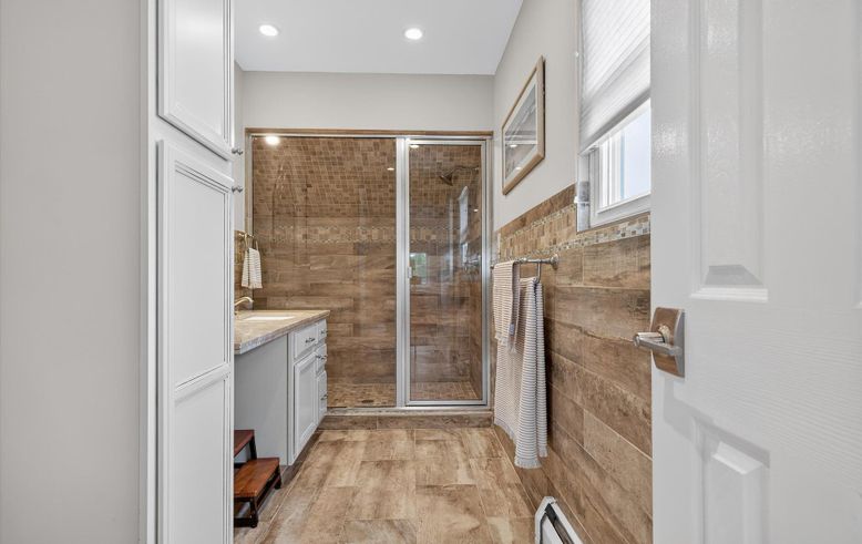 Bathroom, Glass Shower, Interior, Recessed Lighting, Wood Texture Flooring