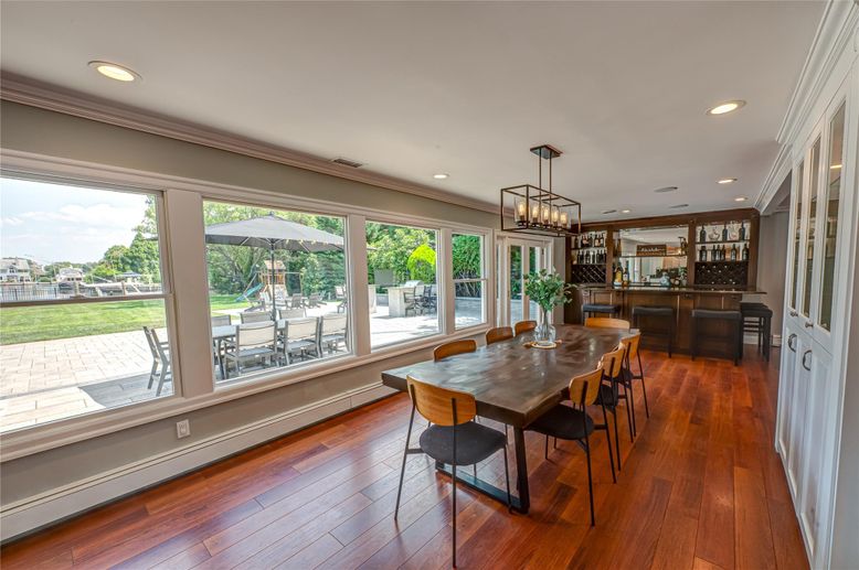 Dining room, Interior, Pendant Lights, Recessed Lighting, Wood Texture Flooring