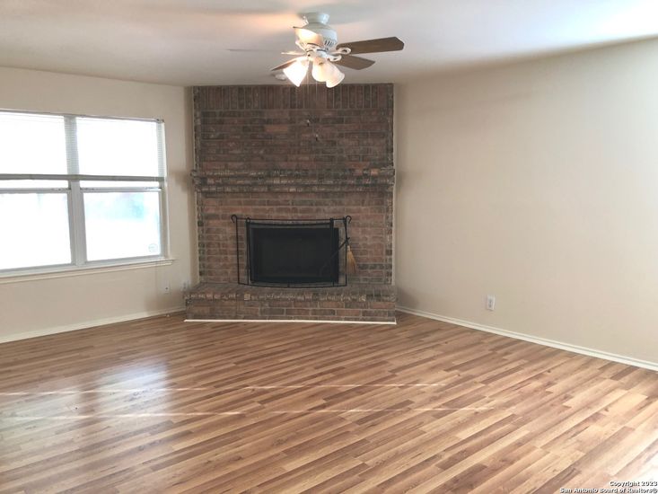 Empty room, Fireplace, Interior, Stone Walls, Wood Texture Flooring