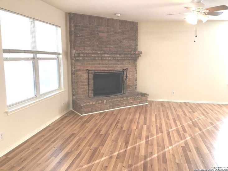 Empty room, Fireplace, Interior, Stone Walls, Wood Texture Flooring